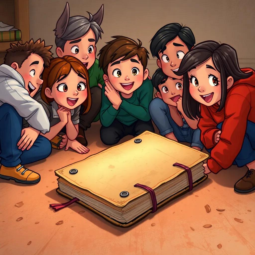 A diary with a worn cover lying on a dusty floor, friends gathered around it, with excitement and curiosity in their eyes, illustrations of notebook style, warmth and friendly atmosphere, high quality