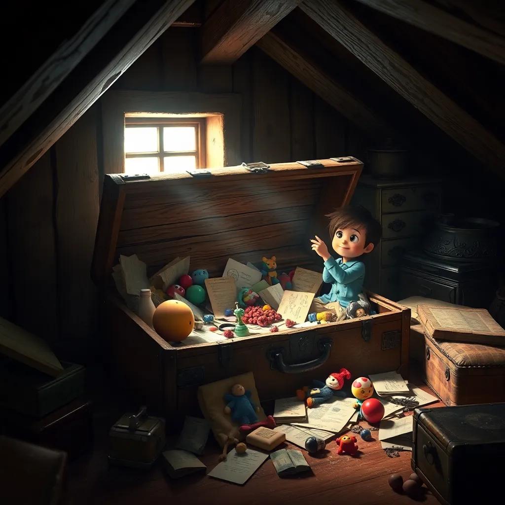 A dusty old trunk opening in an attic, with old toys and letters spilling out, a brave child discovering its contents, inviting light from a small window illuminating the scene, digital art, nostalgic, heartwarming