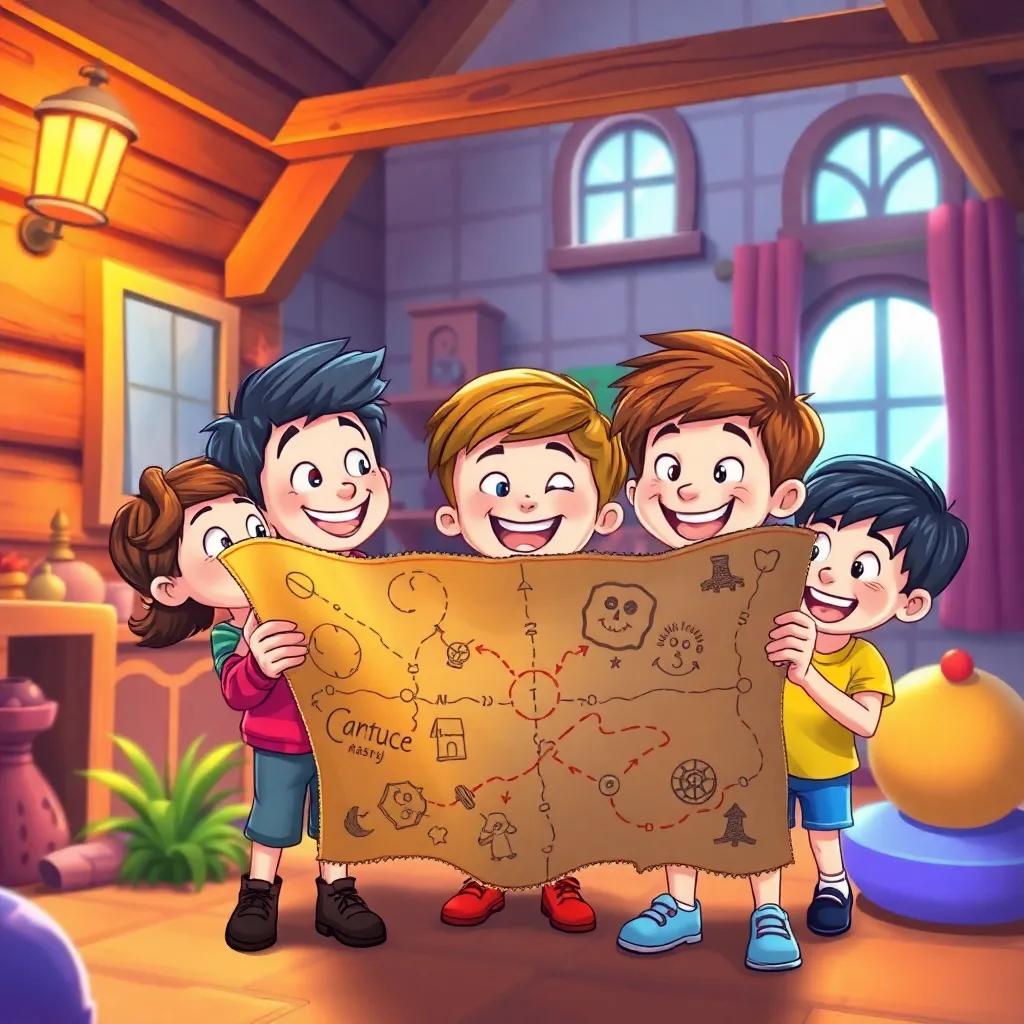 A treasure map with strange markings held by excited children, giggling as they explore the house, vibrant colors reflecting their excitement and adventure, high quality digital art, cheerful