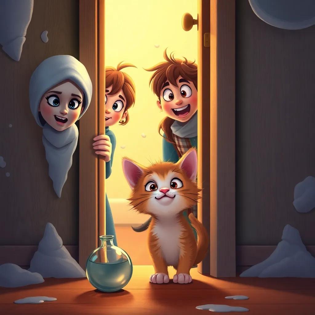 Friends frozen in fear peering around the corner, with a scared kitten knocking over a vase, expressions changing from fear to delight, warm colors, child-friendly, artistic expression, high quality