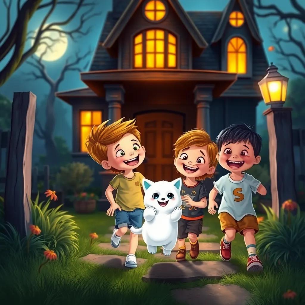 Children leaving the haunted house with a little kitten named Ghost, bright laughter and joy on their faces, the once spooky house behind them now looking friendly and inviting, digital painting, bright and cheerful atmosphere, high quality