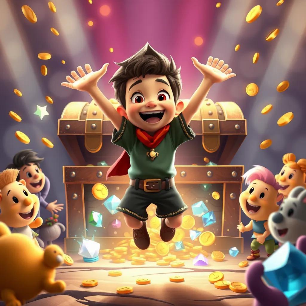 Sam, a brave boy, jumping with joy in front of a sparkling treasure chest filled with jewels and coins, surrounded by his excited friends, joyous celebration, vibrant colors, heartwarming scene, high quality