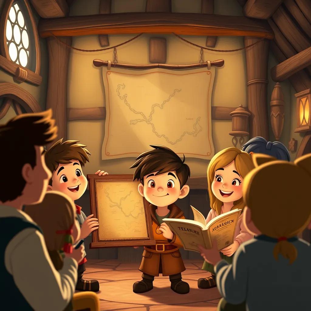 Sam, a brave boy known as the treasure boy, with a framed map in the village hall, telling a story to villagers gathered around, happy faces and warm atmosphere, detailed illustration, cozy lighting, child-friendly