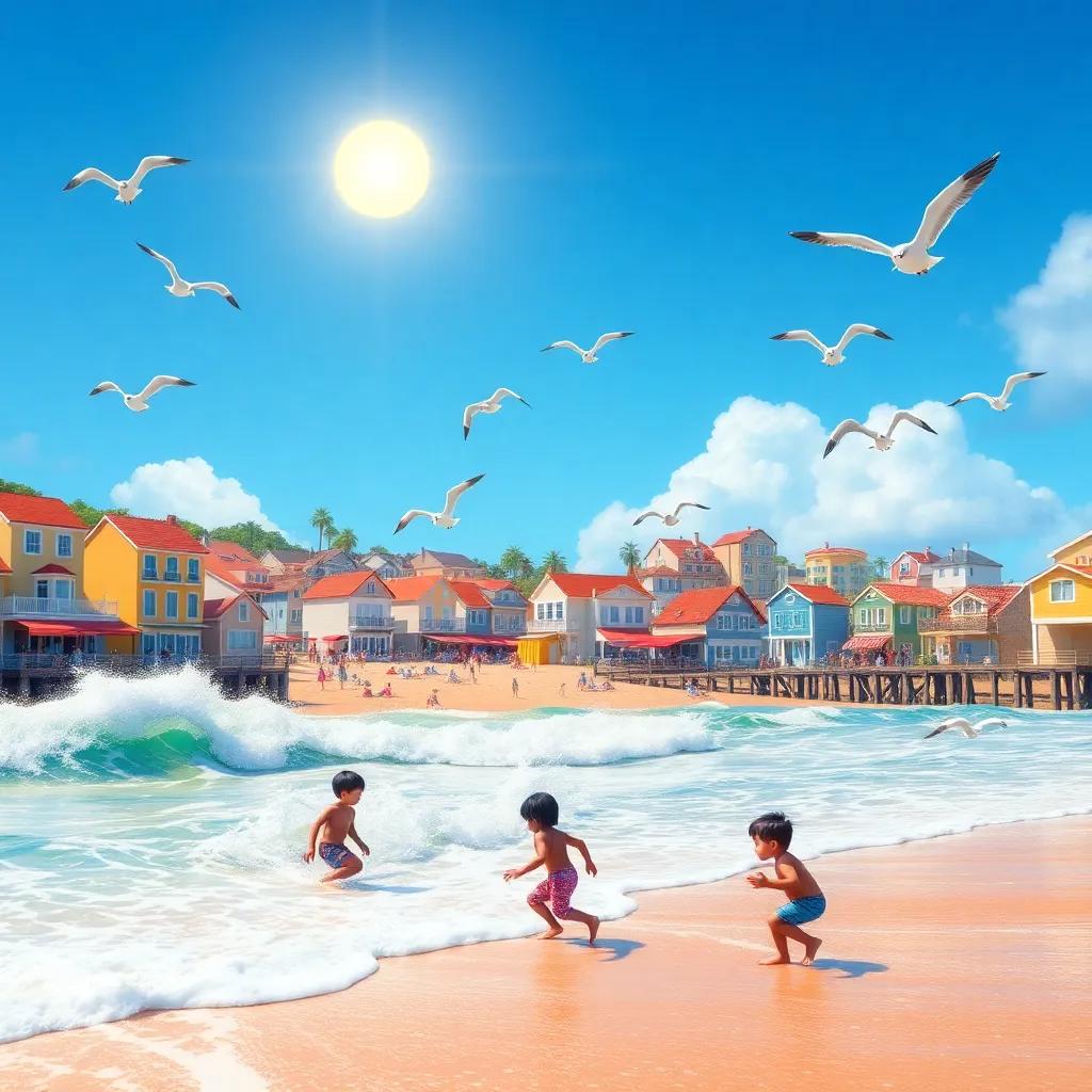 A picturesque coastal town under a bright sun, children playing in waves with seagulls above, colorful beach huts in the background, digital art, vibrant colors, cheerful atmosphere, high quality