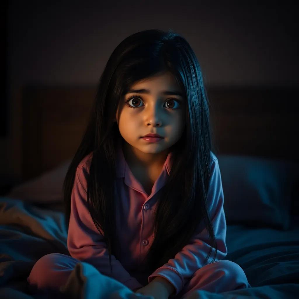 A young Arab girl, Reem, with long, black hair, wearing pink pajamas, sitting in bed with wide eyes, looking scared, dimly lit bedroom with shadows, digital art, dark colors, mysterious atmosphere, high quality
