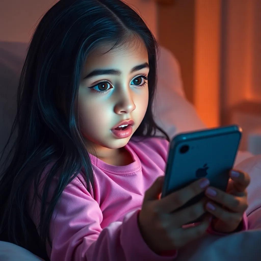 A young Arab girl, Reem, with long, black hair, wearing pink pajamas, looking surprised at her phone in bed, bright screen illuminating her face, soft shadows in the room, digital art, warm colors, tense setting, high quality
