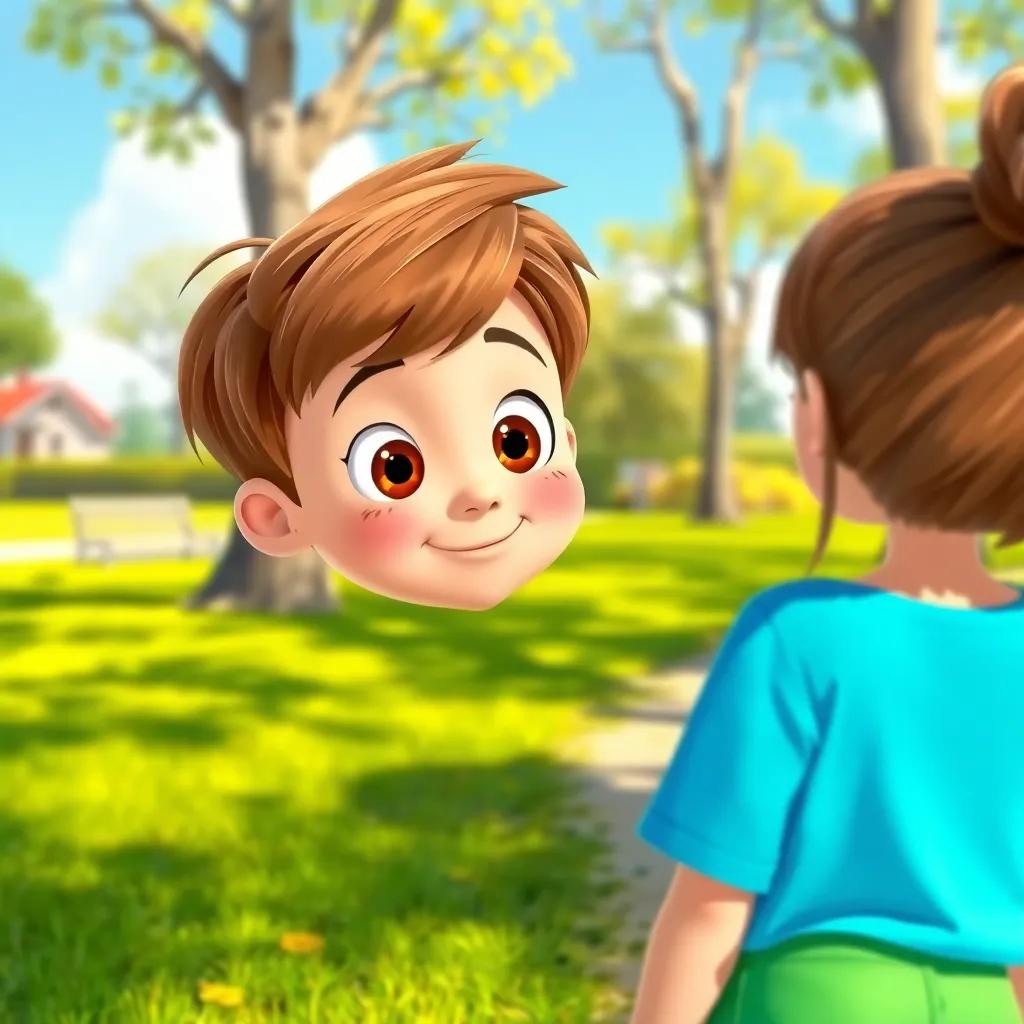 A curious boy named Timmy, with short brown hair, wearing a bright blue t-shirt and green shorts, asking a girl named Sarah about a missing boy in a sunny park, cheerful atmosphere, digital art, vibrant colors, friendly setting, child-like perspective, high quality