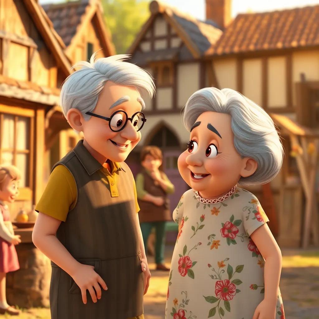 Timmy interacting with an elderly lady, Mrs. Baker, with silver hair, wearing a floral dress, standing in a cozy village setting, surrounded by villagers, warm sunlight, cheerful, digital painting, clear expressions, rich details