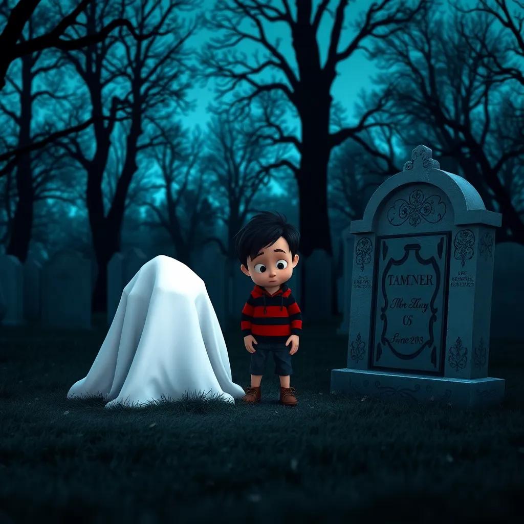 Timmy nervously standing at a spooky cemetery, noticing a white shroud-covered object on the ground, dark trees in background, eerie atmosphere, digital art, contrasting colors, captivating yet spooky scene, high quality