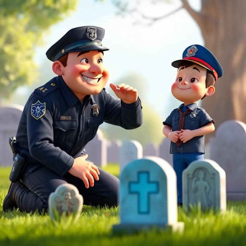 Officer Max, a friendly police officer, helping Timmy, kneeling beside him in the cemetery, wearing a police uniform with a badge, warm smile, bright background, digital art, inviting atmosphere, clear focus, high quality