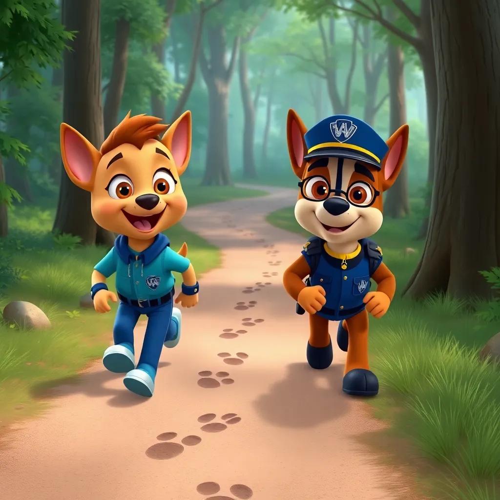 Timmy and Officer Max following footprints along a winding path, surrounded by trees, excitement in their expressions, adventure-filled setting, bright colors, digital art, child-friendly illustration, high quality