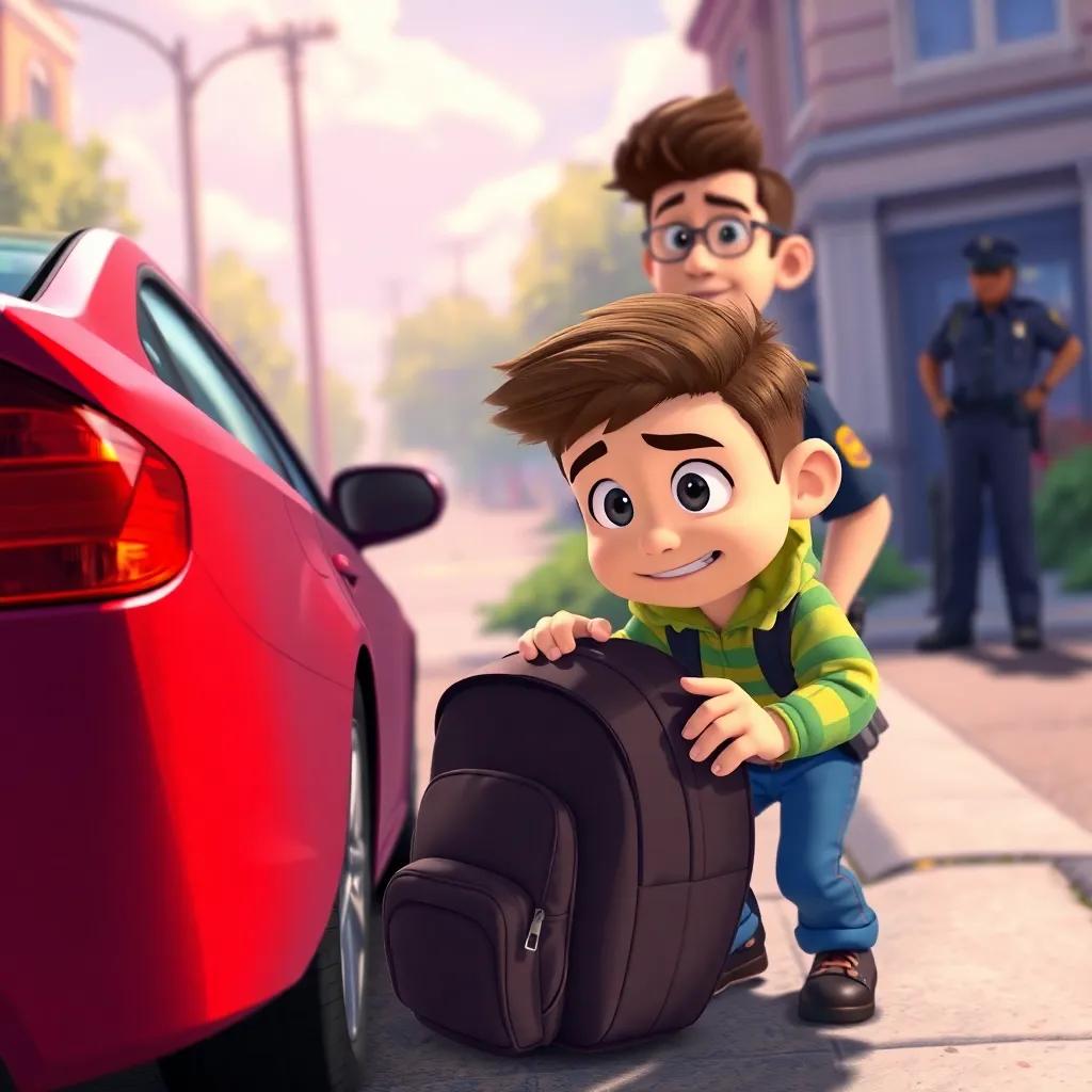 Timmy finding Melvin's backpack near a parked car, urgency in his expression, alongside Officer Max, vividly illustrated setting, bright colors, action-packed scene, high quality