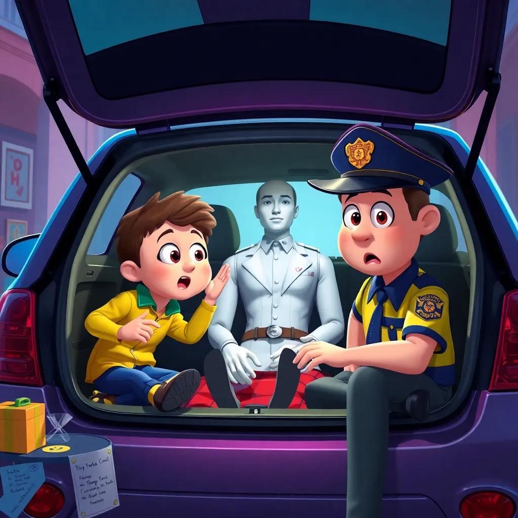 Timmy and Officer Max discovering a mannequin in a trunk of a car, surprised expressions, colorful details surrounding the investigation, playful yet mysterious atmosphere, child-friendly digital art, high quality