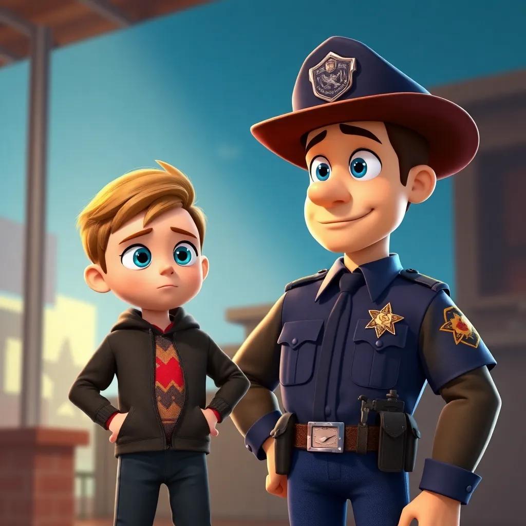 Timmy looking determined with a hint of relief after discovering the mannequin, standing with Officer Max, bright expressive colors, adventurous scene, heartwarming, digital illustration, high quality