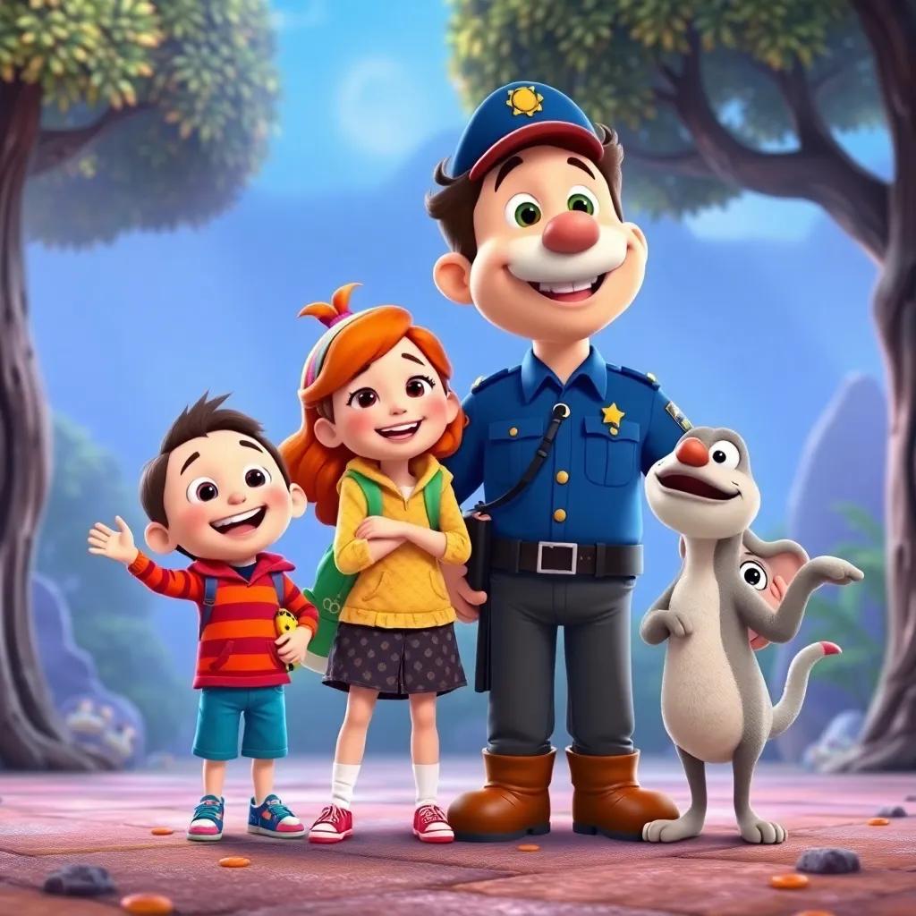 The four friends—Timmy, Sarah, Officer Max, and a new friend they found in the search—sharing a joyful moment after solving the mystery, bright colors, a captivating scene filled with emotion, child-friendly style, high quality