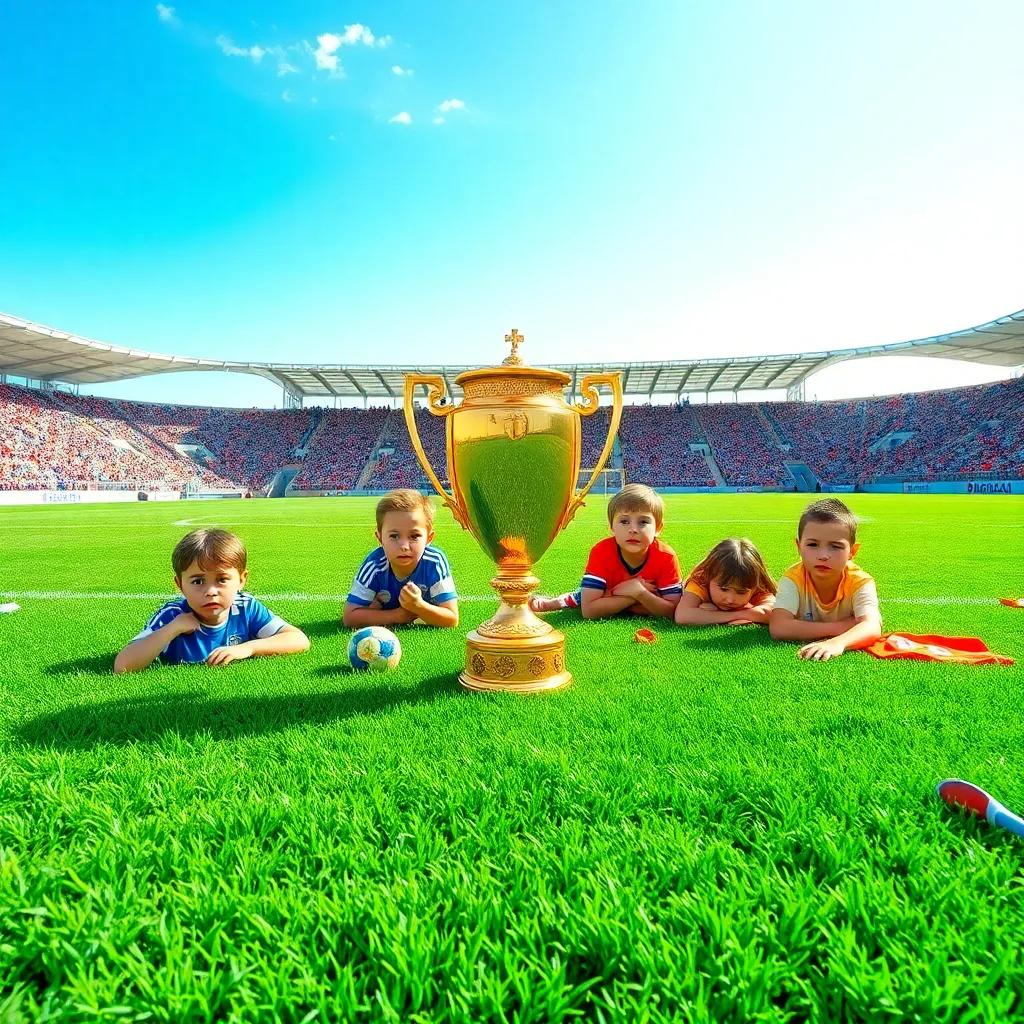 A vibrant soccer field with bright green grass under a blue sky, colorful jerseys strewn around, a shiny golden trophy in the center, children looking worried and sad