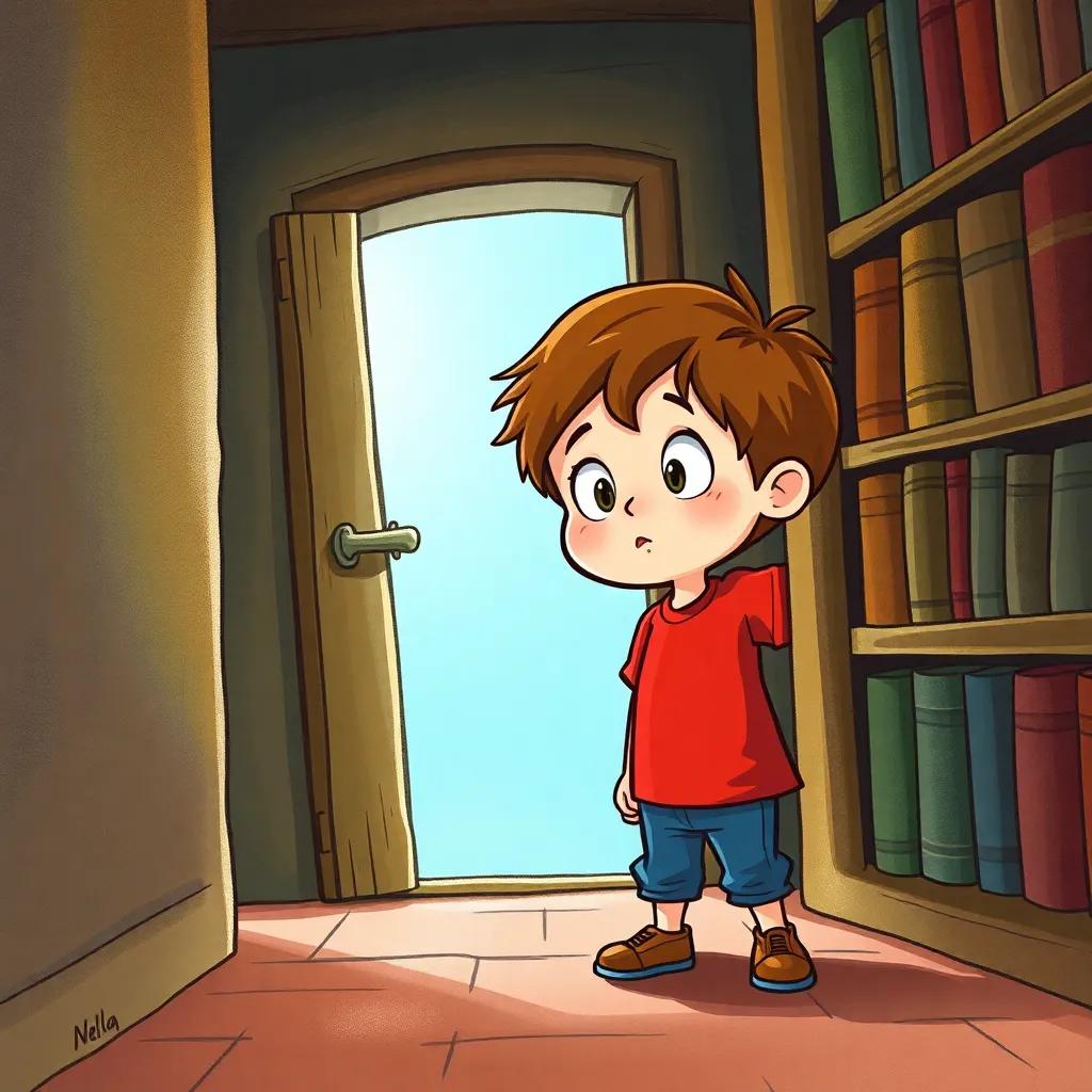 Tommy, a little boy with short brown hair in a red shirt and blue jeans, looking amazed as he discovers a hidden door behind a dusty bookshelf, with light streaming from the door, atmosphere of adventure, magical essence, vibrant colors, cartoonish quality, playful perspective