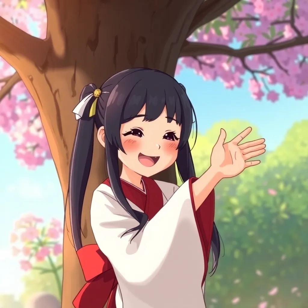 Aiko, a young Japanese girl, with long black hair tied in two ponytails, wearing a white and red kimono, joyfully encouraging Raiden while hiding behind a tree, playful vibe, colorful setting, illustration, bright and lively, high quality