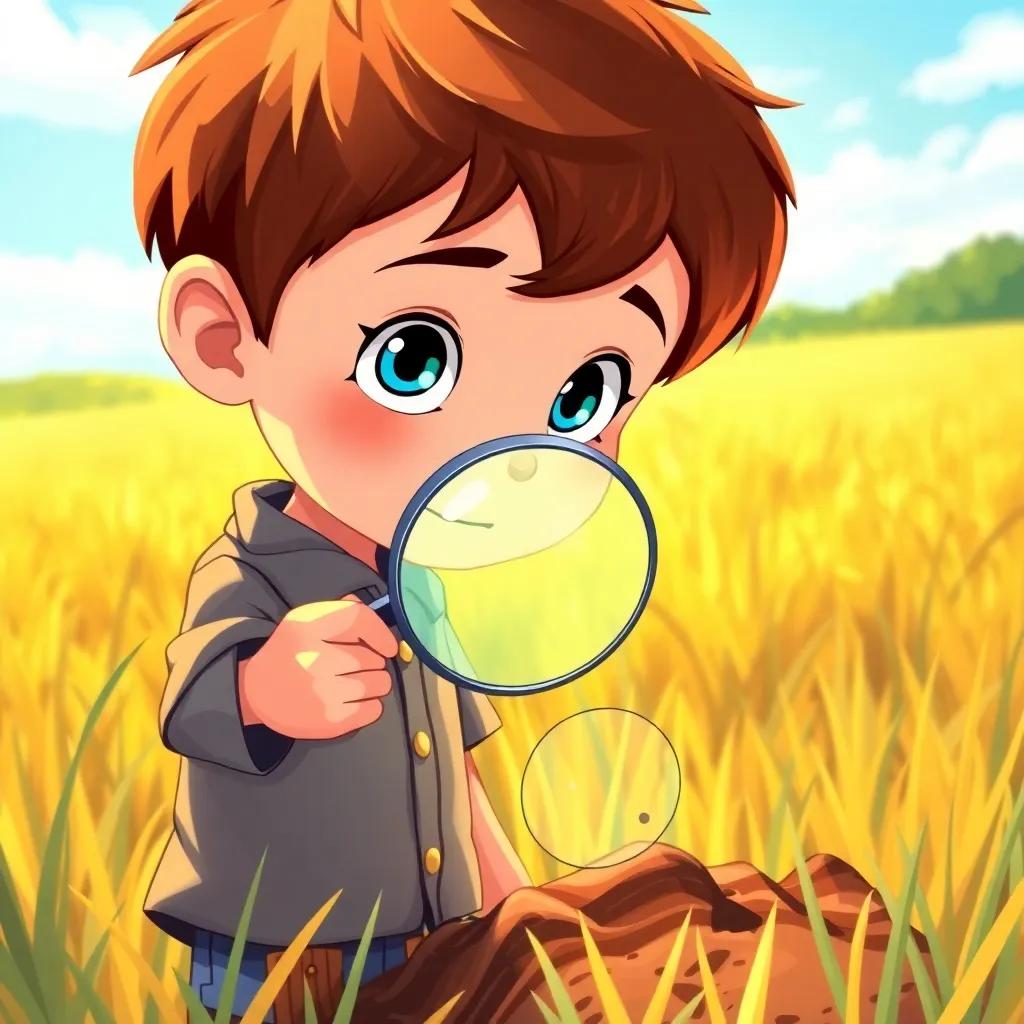 A curious boy, Max, with short brown hair and bright blue eyes, standing in a sunny field, holding a magnifying glass, examining the ground, detailed digital art, vibrant colors, warm light, high quality