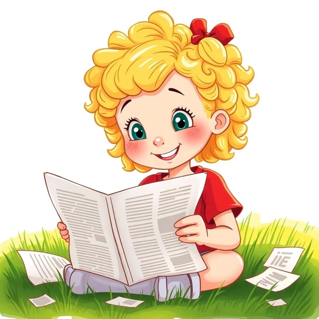 A girl, Emma, with curly blonde hair wearing a bright red T-shirt, sitting on the grass with pieces of old newspaper, smiling, reading the story aloud, cheerful atmosphere, colorful, child-friendly, high quality