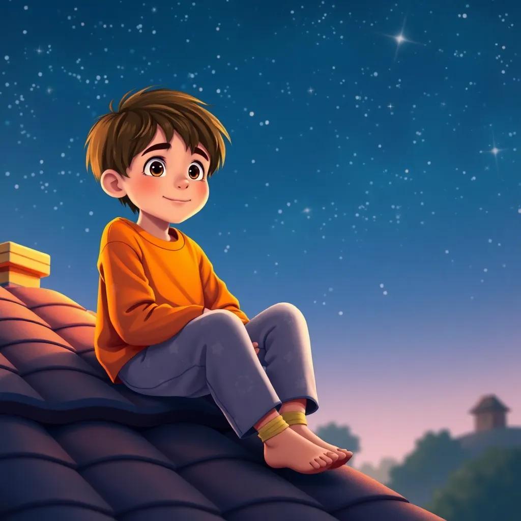 A curious boy named Leo, with short brown hair, wearing cozy pajamas and a bright orange t-shirt, sitting on his roof under a starry sky, digital art, warm colors, magical atmosphere, high quality
