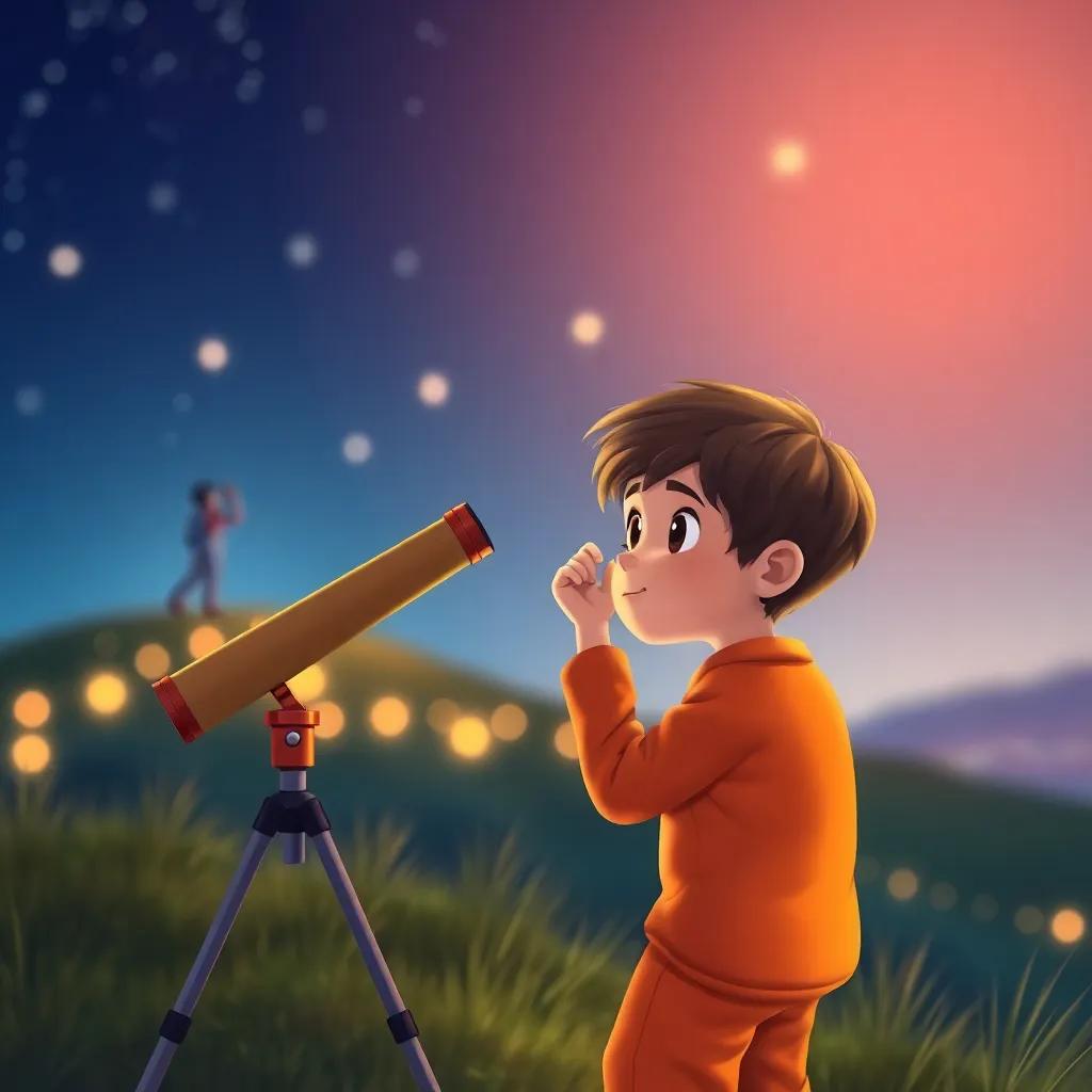 Leo, a curious boy with short brown hair, wearing bright orange pajamas, looking through a telescope at the fading stars on a hill, surrounded by soft glowing lights, digital art, cheerful, vibrant colors, high quality