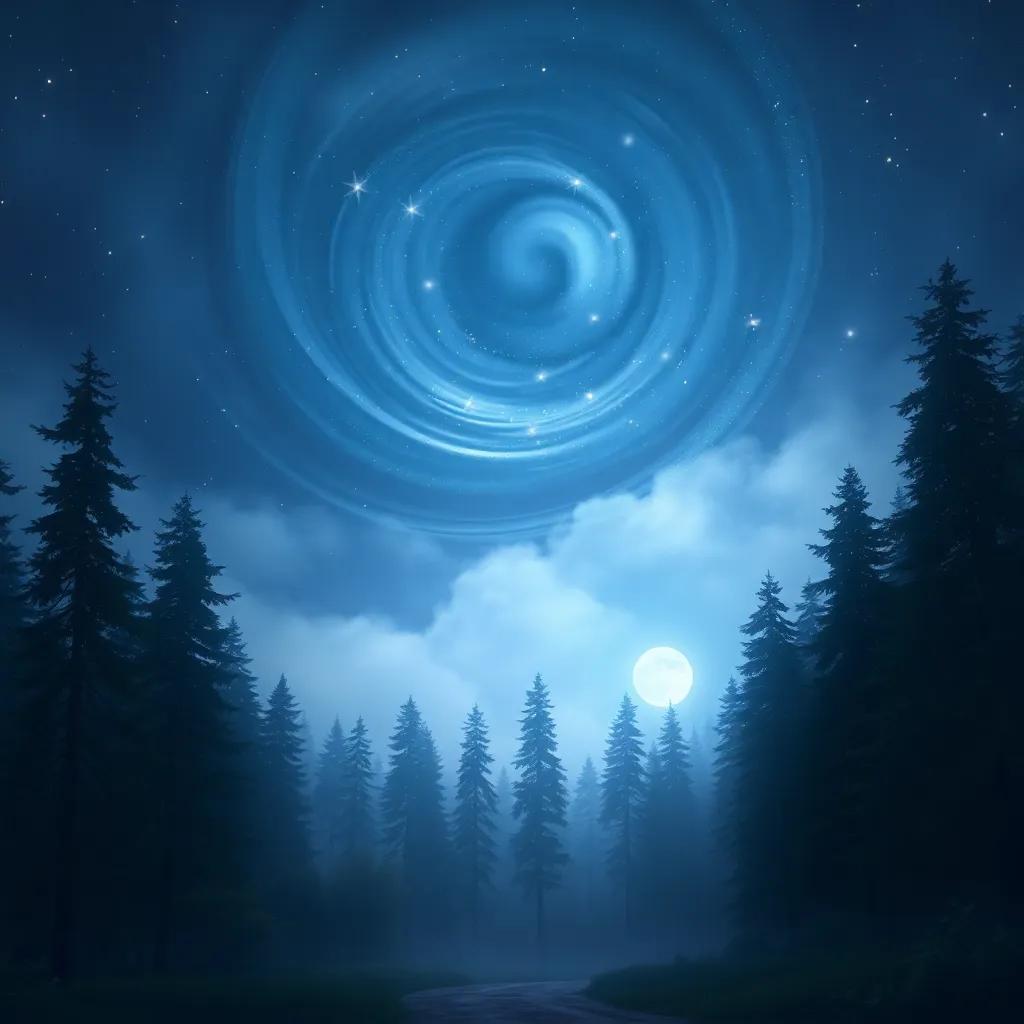 A swirling mist covering the stars, with faint glimmers shining through, over a forest with tall trees and a moonlit path, digital painting, mystical, dark blues and purples, high quality
