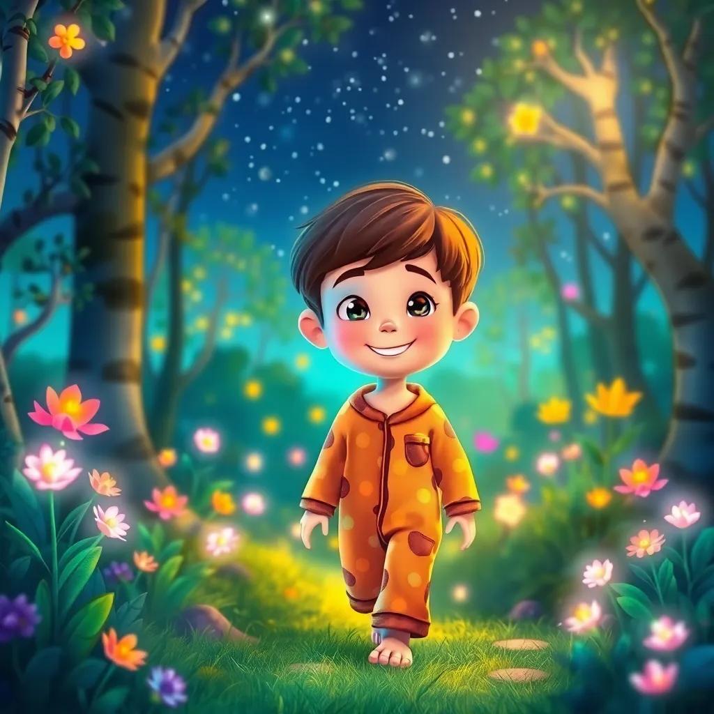 Leo, a curious boy with short brown hair in bright pajamas, smiling and walking through a magical forest with glowing flowers, under a starry sky, digital art, enchanted colors, whimsical and bright, high quality