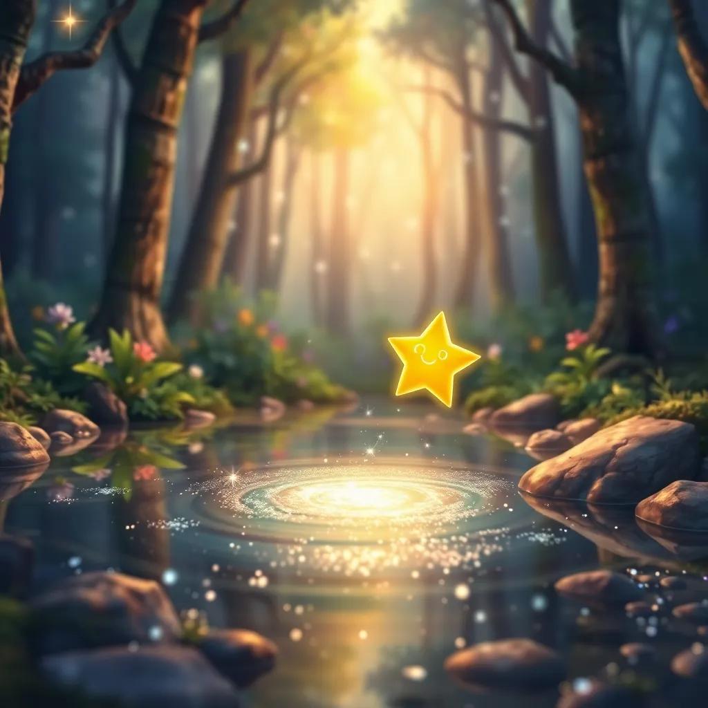 A sparkling pond with shimmering water, reflecting the stars above, in a magical forest filled with light, featuring a small, playful Star Guardian glowing softly, digital art, whimsical, colorful, high quality
