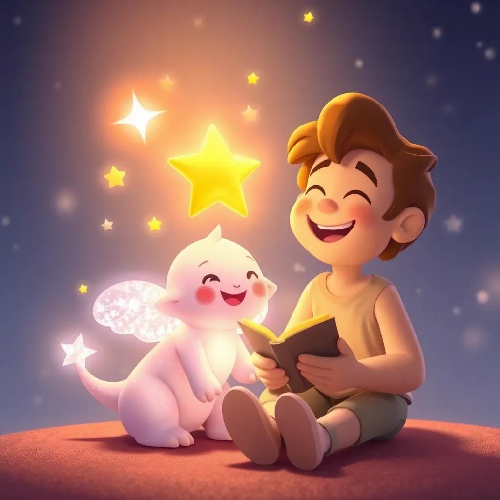 A tiny glowing creature, the Star Guardian, with sparkling wings, smiling and surrounded by twinkling stars, next to Leo who is laughing and sharing stories, digital art, cheerful, warm light, high quality