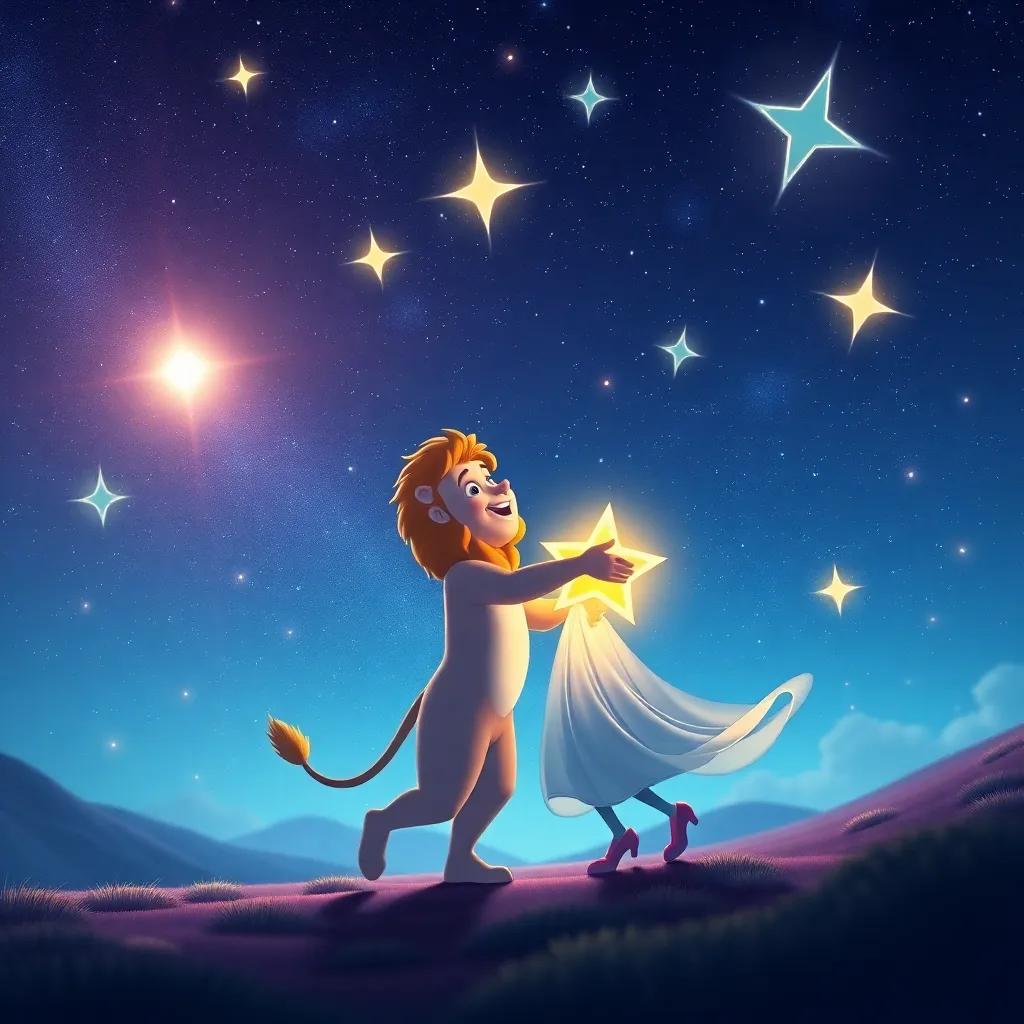 A mystical scene with stars beginning to appear in the night sky, as Leo and the Star Guardian dance under the shimmering lights, creating joy and laughter, digital art, vibrant colors, joyful imagery, high quality