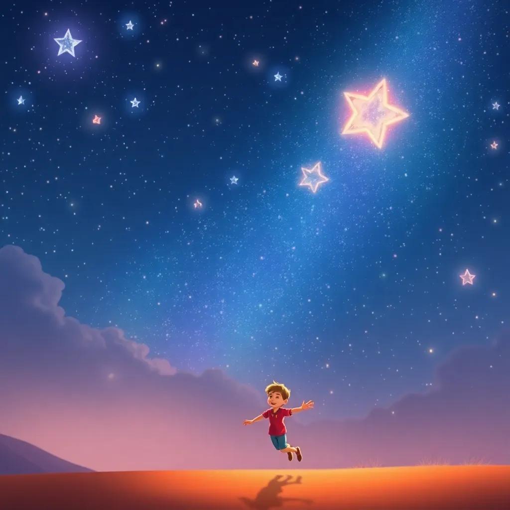 A beautiful starry sky filled with twinkling stars, with Leo happily skipping home after the adventure, the stars twinkling above him, digital art, dreamy, warm colors, magical atmosphere, high quality