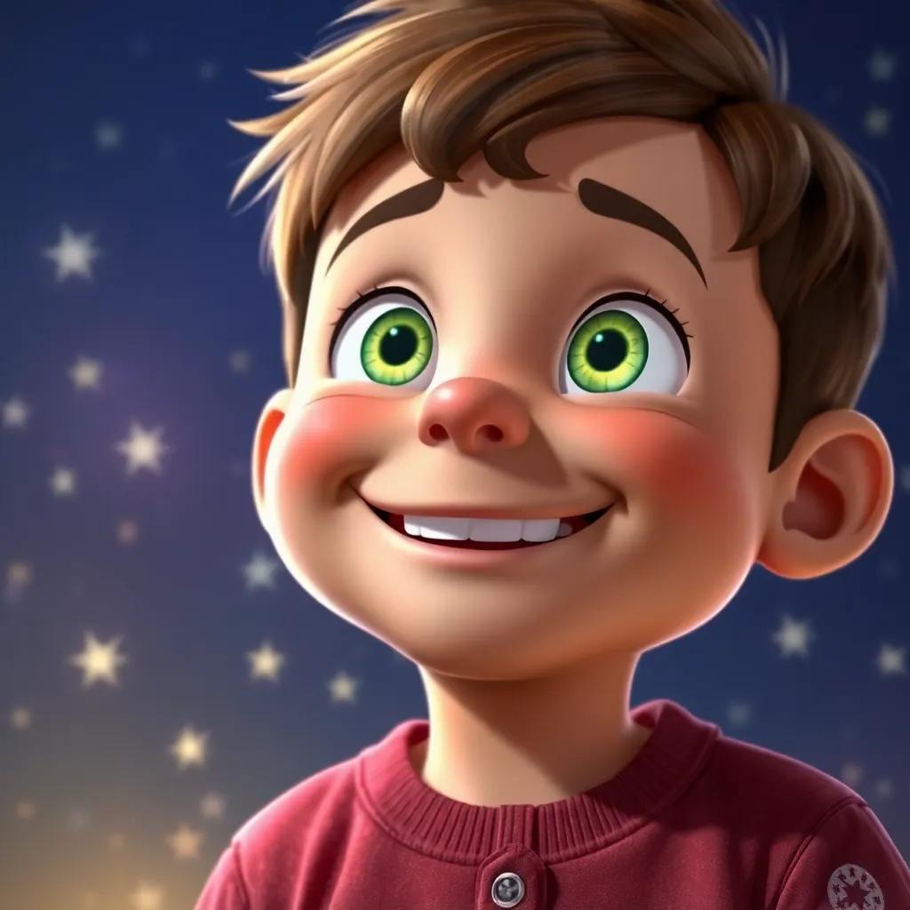 A close-up of Leo, a curious boy with bright eyes, smiling joyfully, wearing his pajamas, with dazzling stars sparkling in the night sky behind him, digital art, vibrant, uplifting, high quality