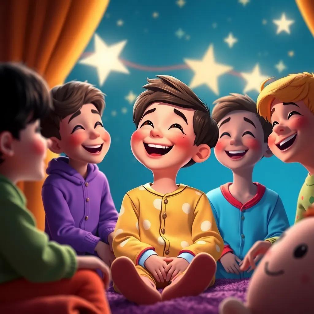 Leo, a curious boy with short brown hair in bright pajamas, laughing with friends as they watch the stars sparkle, in a cozy setting, surrounded by warmth and joy, digital art, friendly, joyful atmosphere, high quality