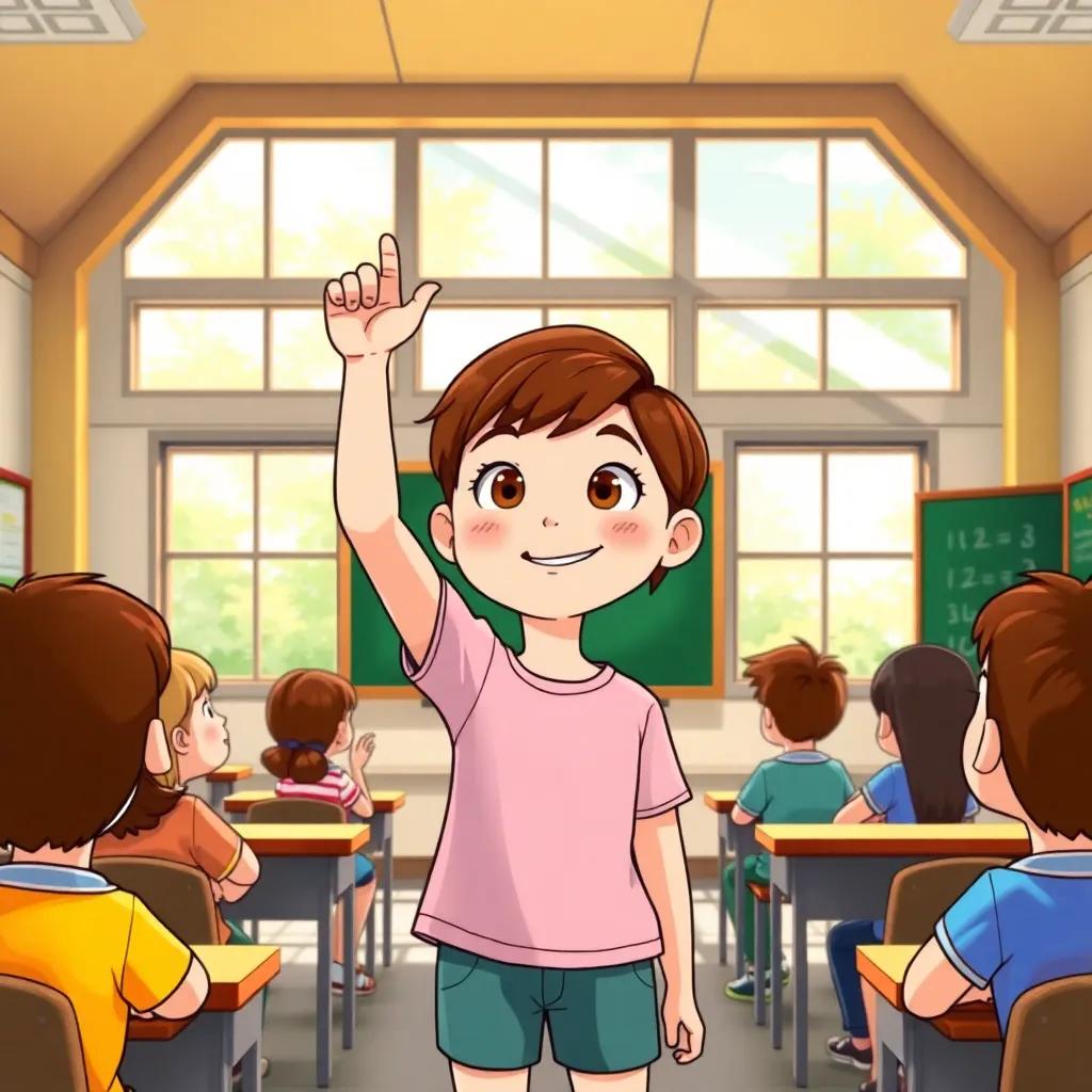 A bright classroom with big windows and sunlight streaming in, a young girl named Mia with short, brown hair raising her hand eagerly, students looking puzzled around her, and a chalkboard with the equation written in neat handwriting, children dressed in casual school clothes, cheerful atmosphere, vibrant colors, illustration, high quality