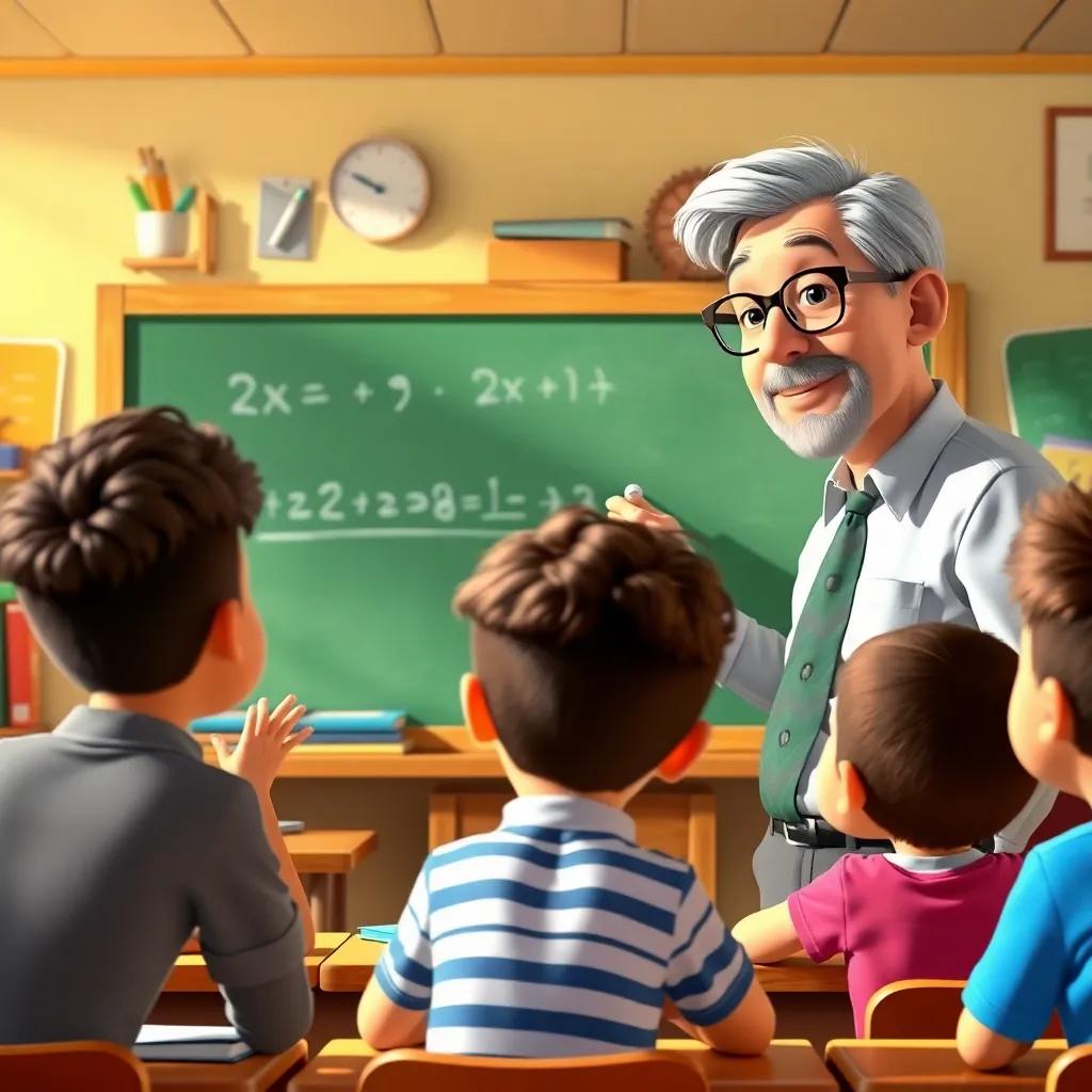 A lively classroom scene where Mr. Thompson, an older man with glasses and graying hair, writes on a chalkboard, students eagerly gathered around, a boy named Alex with curly hair and a striped shirt looking confused, the chalkboard showing the equation and the room filled with colorful learning materials, energetic mood, bright lighting, digital art, high quality