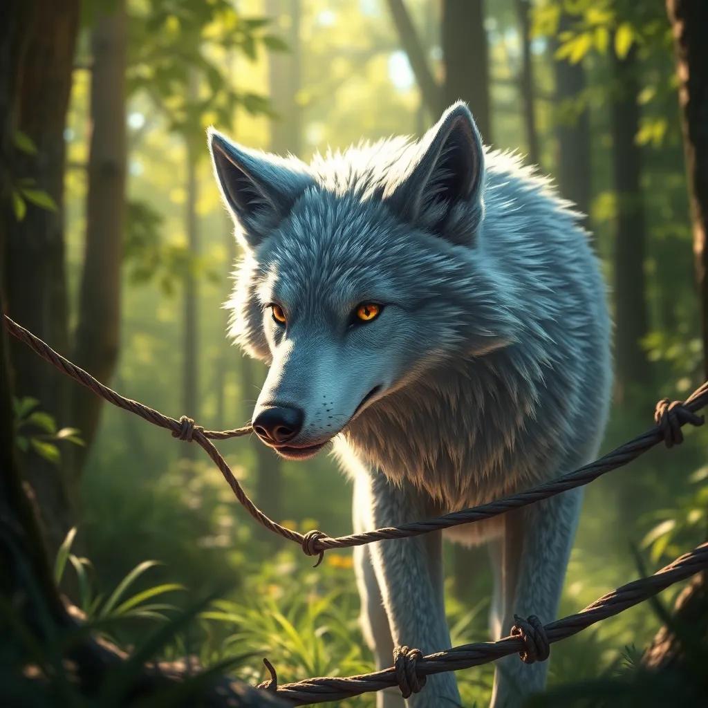 A mystical wolf with shimmering silvery fur, trapped in a cruel hunter's snare, in a lush green forest with sunlight filtering through the trees, digital art, detailed, emotional, warm light