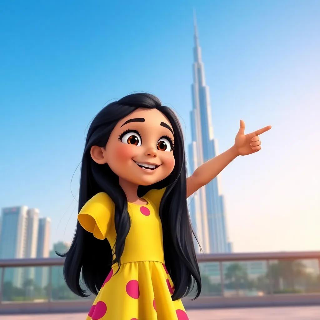 Amina, a young Middle-Eastern girl with long, black hair, wearing a bright dress, pointing at the Burj Khalifa in Dubai, under a clear blue sky, digital art, vibrant colors, joyful atmosphere, high quality
