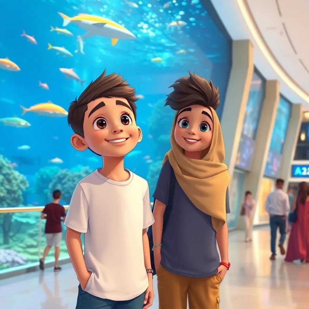 Rasid, a young Middle-Eastern boy with short, curly hair, wearing a t-shirt and shorts, standing beside Amina in the Dubai Mall, amazed by the giant aquarium with colorful fish and sharks, illustration, cheerful ambiance, high quality