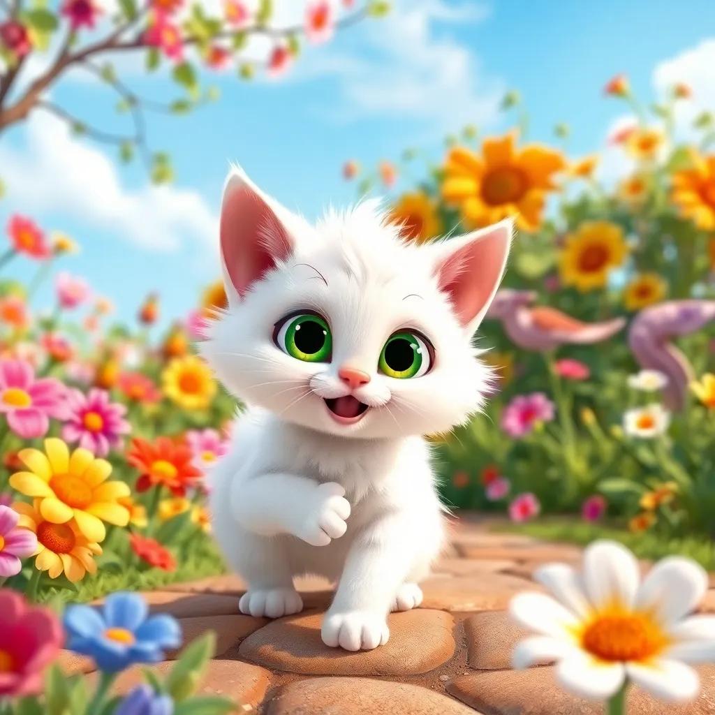 A naughty white cat named Snowball, with fluffy fur and bright green eyes, playing in a colorful garden filled with flowers and a sunny blue sky, playful and cheerful atmosphere, digital art, vibrant colors, child-friendly, high quality