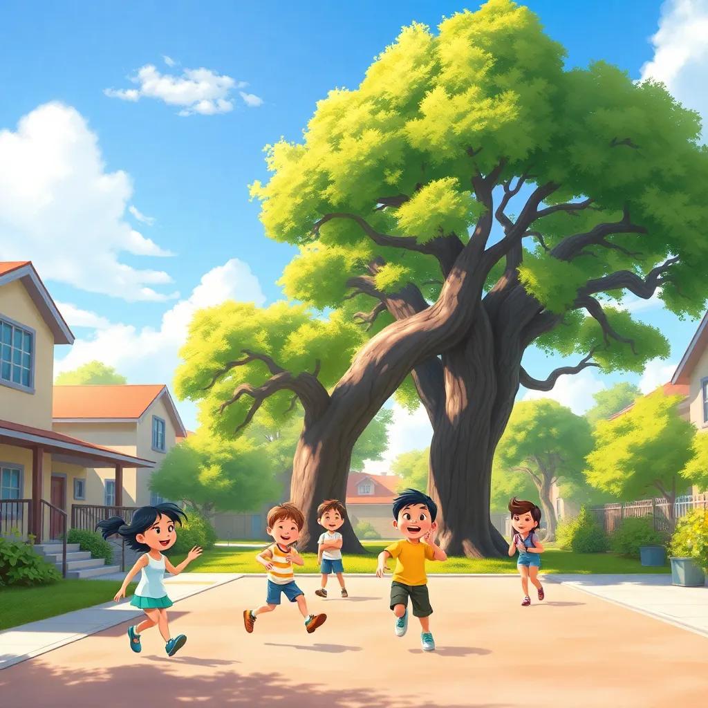 A sunny schoolyard with a big shady oak tree, children playing tag, Alex laughing with Mia and Danny, showing his happiness, blue sky, warm light, vibrant colors, illustration, joyful scene, high quality
