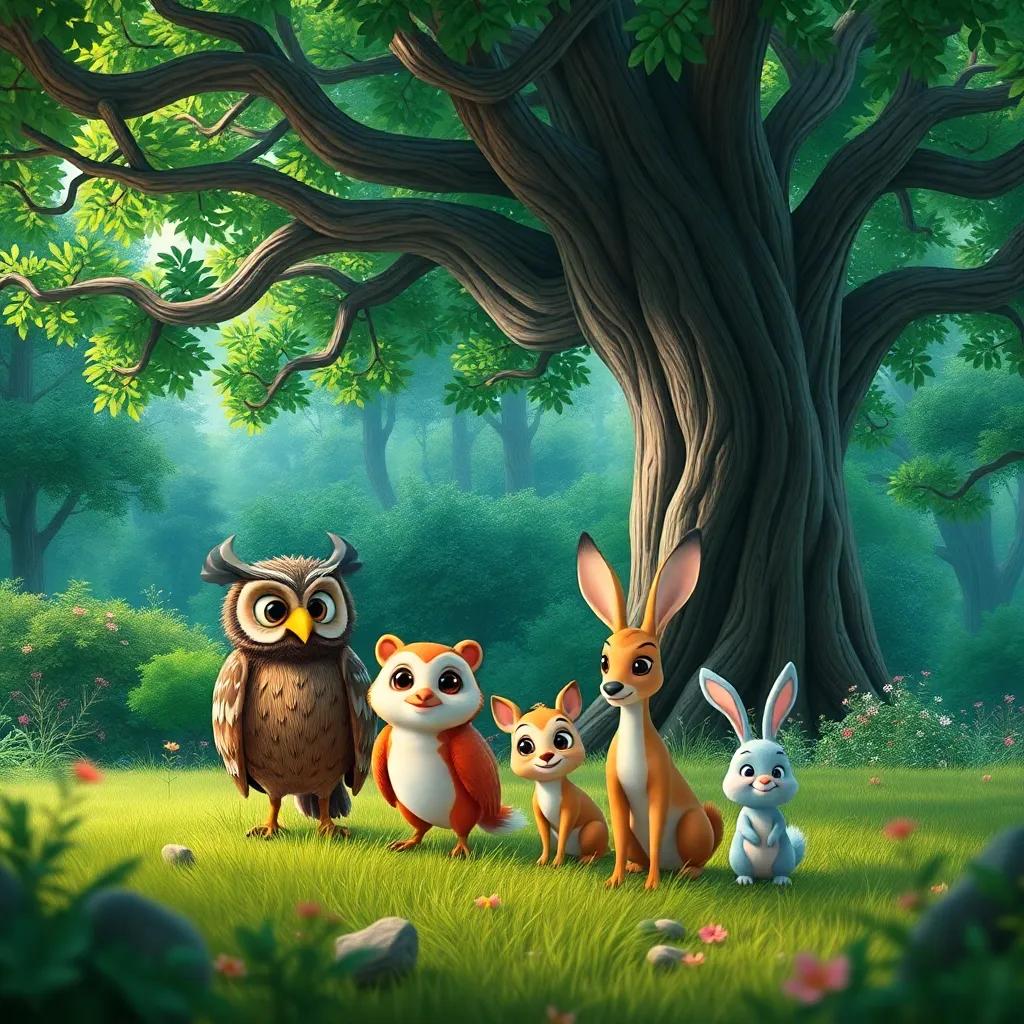 In a vibrant green forest, a wise old owl named Hoot, a small squirrel named Skip, a gentle deer named Fawn, and a playful rabbit named Hop gather together under a large oak tree, digital art, bright colors, cheerful atmosphere, storytelling view, high quality