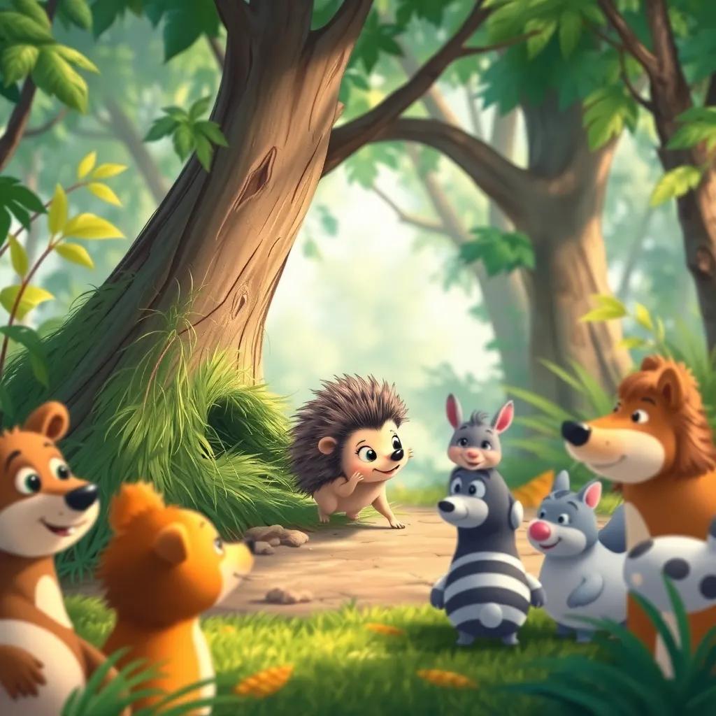 A rustling bush in the lush forest reveals Spike, a small hedgehog with a spiky coat and curious eyes, stepping into a welcoming circle of animals, detailed illustration, friendly vibe, colorful setting, engaging composition, high quality