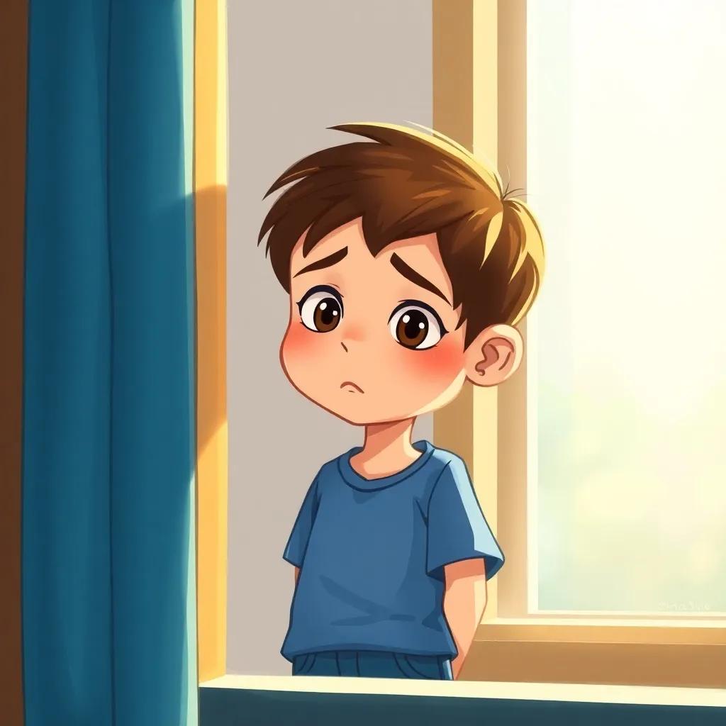 A young boy named Ivan, with short brown hair, wearing a blue t-shirt and jeans, looking through a window with a sad expression, bright soft light, warm atmosphere, detailed digital art, child-friendly scene
