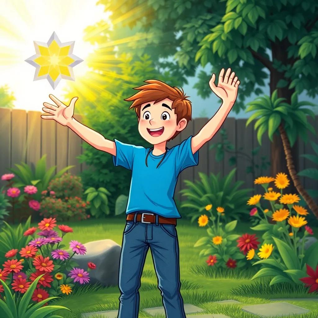 Ivan with short brown hair, wearing a blue t-shirt and jeans, standing excitedly in his backyard, reaching out to touch a glowing Nexus Prism that emits colorful light, surrounded by a vibrant garden, magical energy, high quality illustration, adventure-themed scene