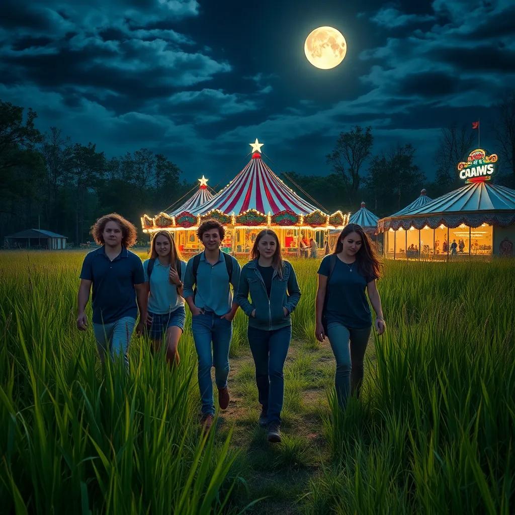 A group of six teenagers, excited and nervous, walking through tall grass towards an abandoned carnival under the moonlight, detailed, colorful, vibrant atmosphere, high quality
