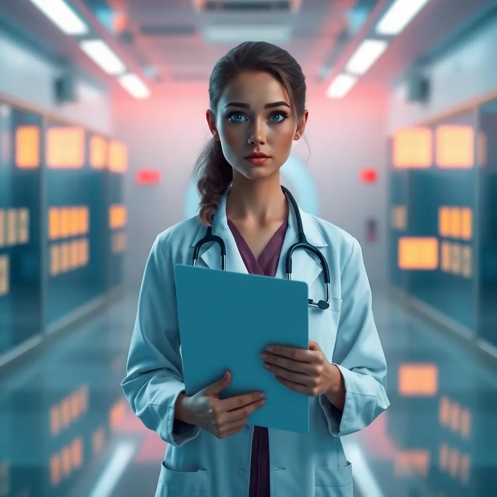 Leah, a young female doctor in a white coat, standing in front of glowing medical files in a futuristic hospital, holding one file with a concerned expression, digital art, bright neon colors, soft lighting, engaging perspective, high quality