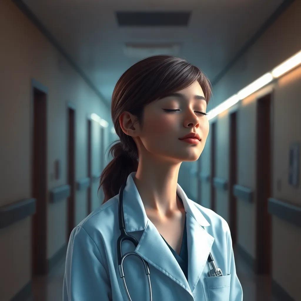 Leah, the young female doctor with brown hair in a white coat, closing her eyes and taking a deep breath in a serene hospital corridor, neon lights softly illuminating her face, dramatic shadow play, emotional depth, high quality