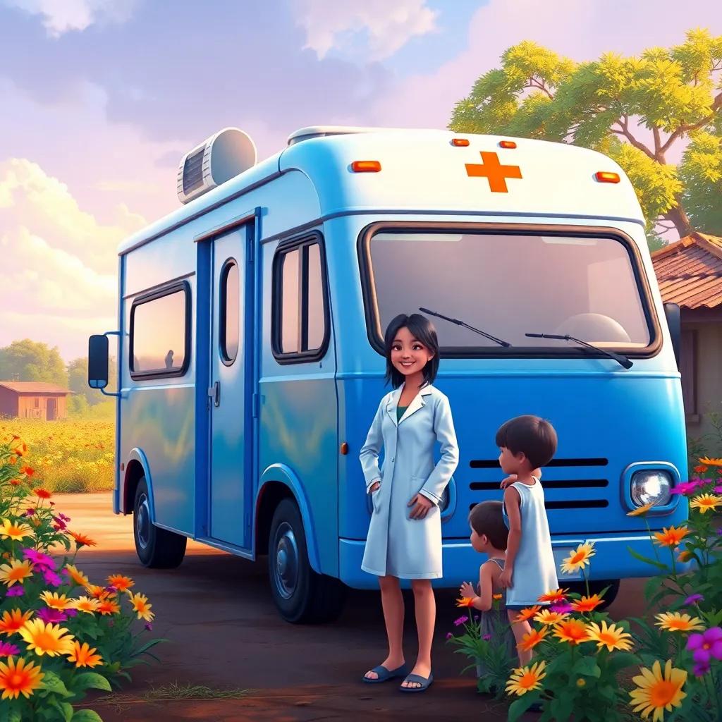 A mobile medical unit with bright blue paint, parked in a remote village with vibrant flowers around, Leah standing next to it in her white coat, smiling at curious children, digital painting, colorful, warm atmosphere, heartwarming perspective, high quality