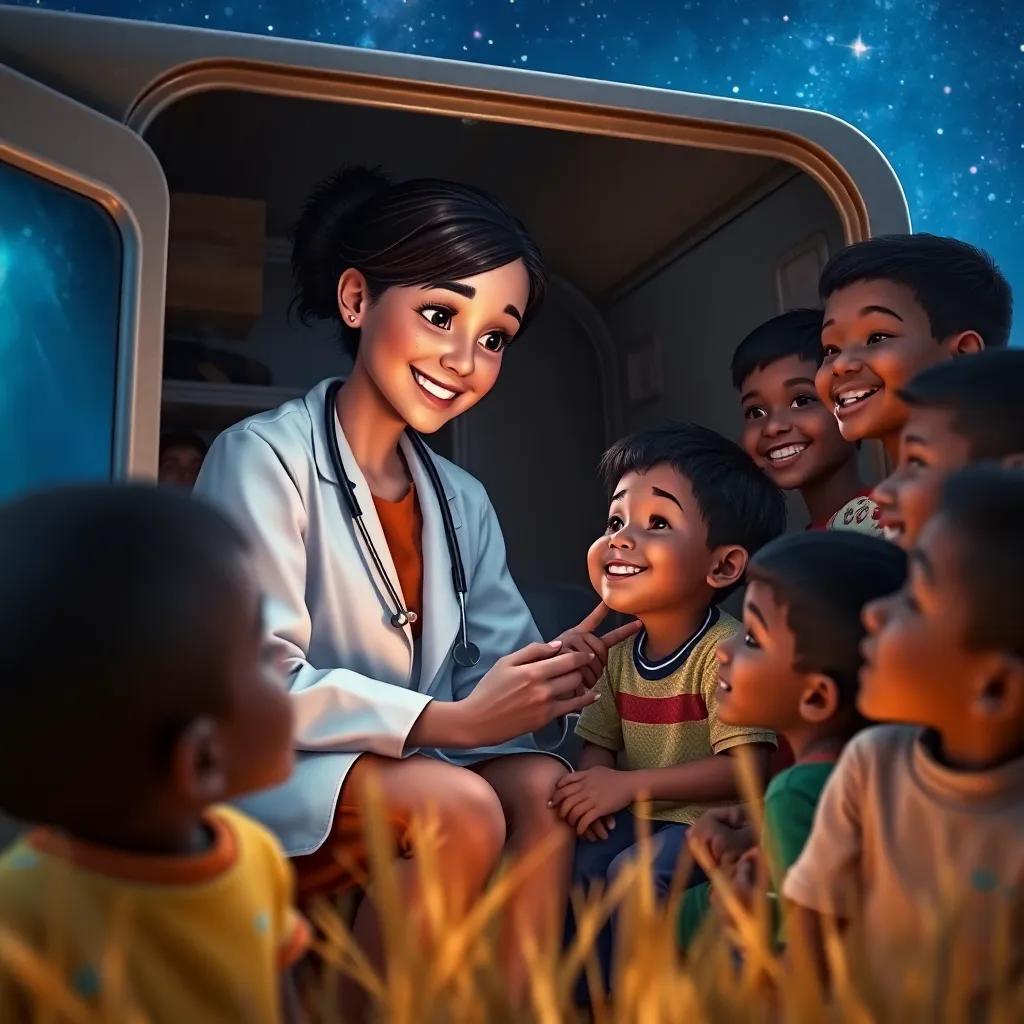 Leah, the young doctor, in a mobile unit surrounded by smiling children in a rural setting, examining a boy with a cough, joyful expressions, magical night sky with stars, colorful, inviting light, high quality